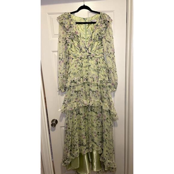 Mac Duggal Green Floral Chiffon Tiered Ruffle Puff Sleeve Gown Size 4 - Picture 3 of 10